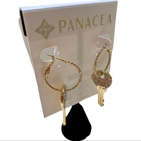 Panacea Sparkly Gold Toned Key Shaped Drop Earrings - Picture 3 of 5